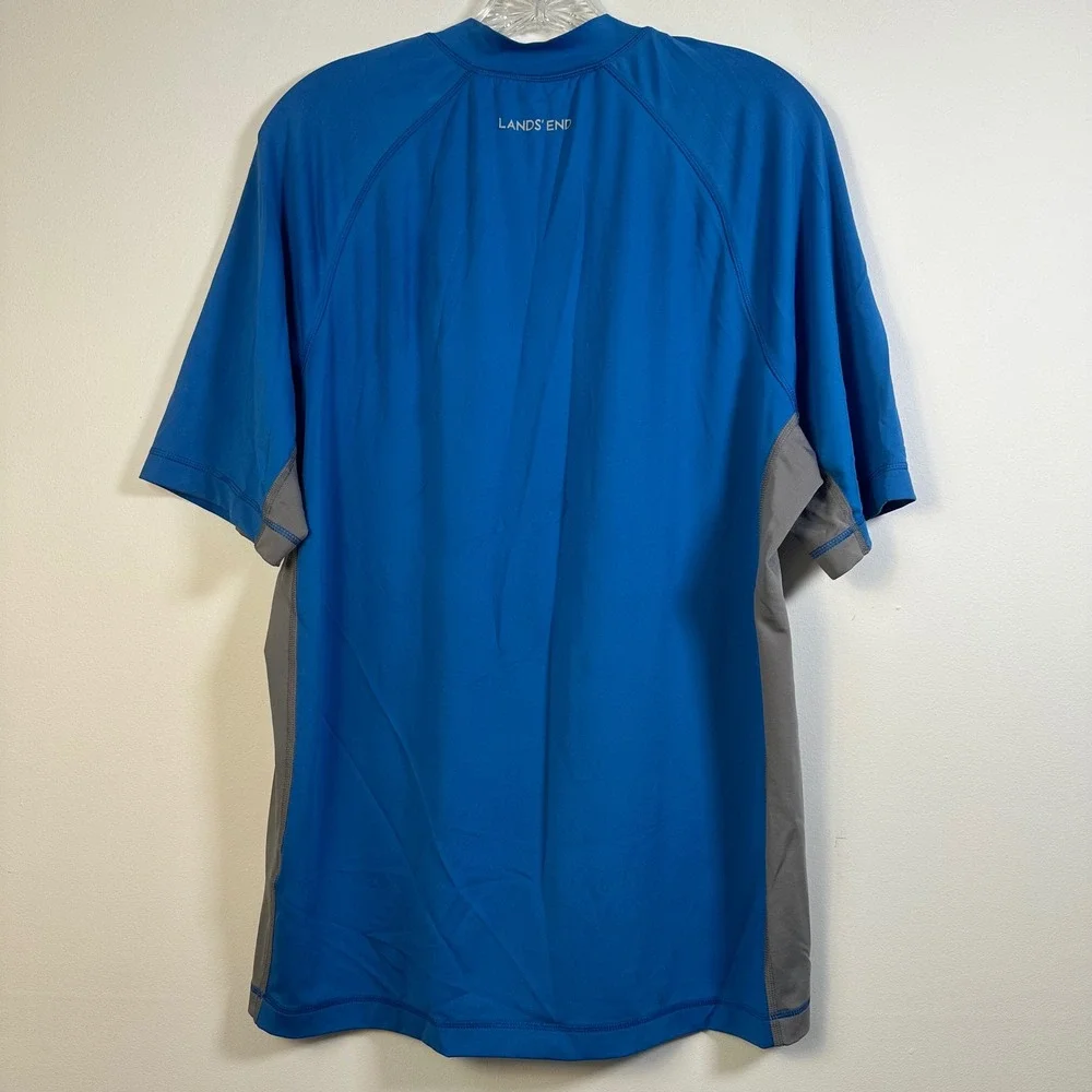 Lands End Mens Blue Gray Quarter Zip Short Sleeve Rash Guard Swim Shirt L 42-44